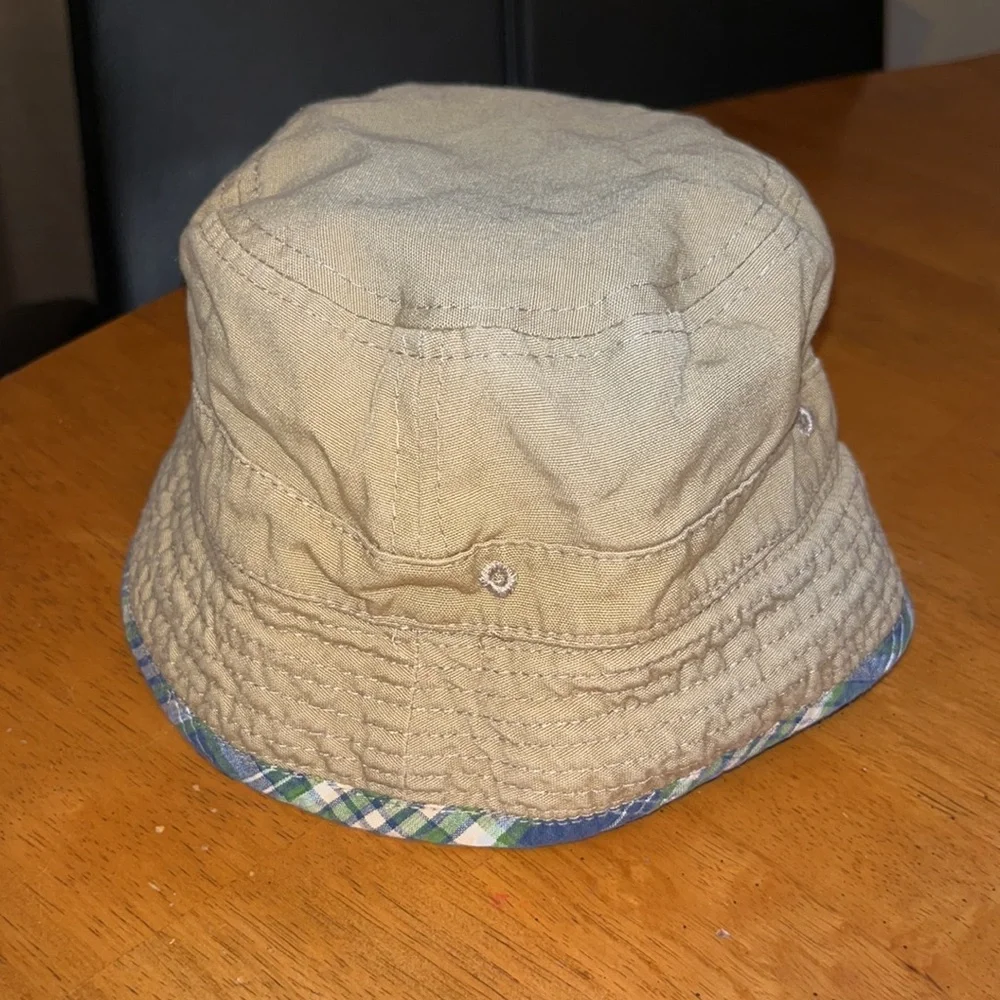 Toddler Boys Reversible Bucket Hat Khaki and Blue Green White Tan Plaid